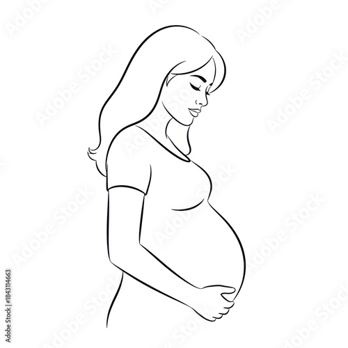 Pregnant woman gently cradling her baby bump with a serene expression.