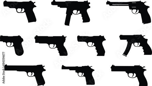 Silhouette collection of various handgun types in black vector style for firearm identification, weapon comparison, and tactical design reference.