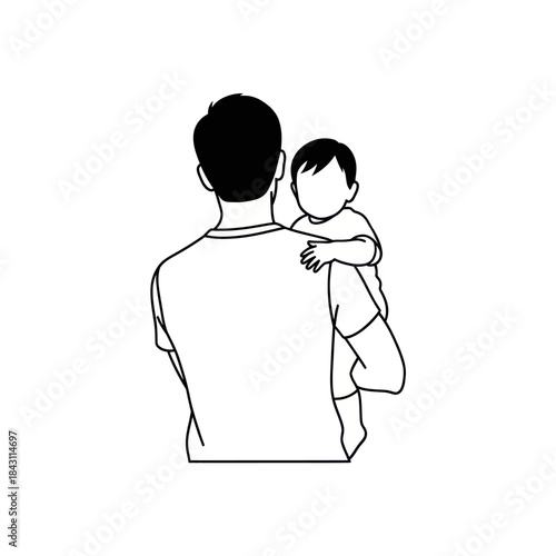 Father holding baby in arms from behind, simple line art illustration.
