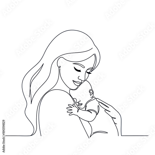 Continuous line art of a mother embracing her newborn baby with love and tenderness.
