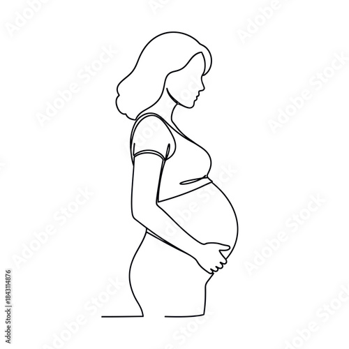 Pregnant woman in continuous line art style illustration.