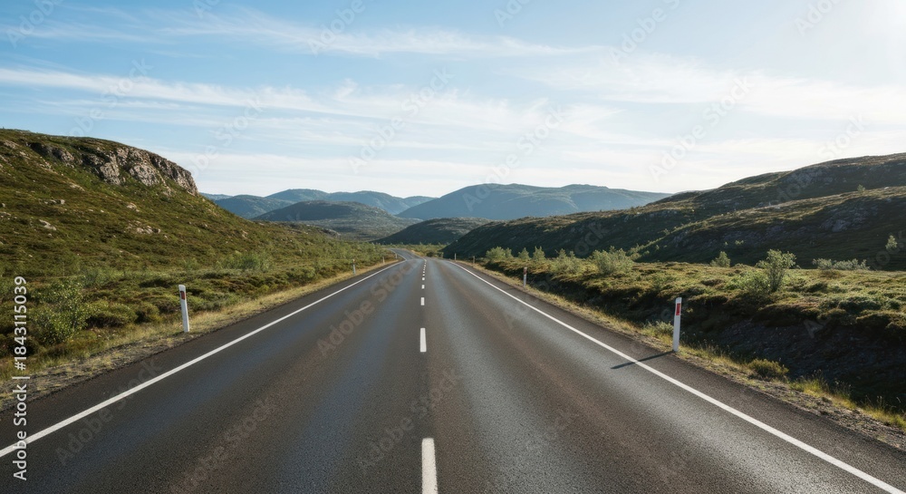 Obraz premium A paved road stretches into a hazy mountain landscape, bathed in natural light. Rolling hills and vegetation flank the road, leading to a distant mountain range