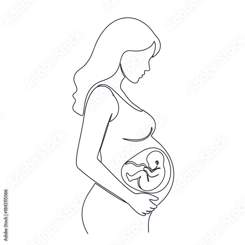 Pregnant woman with visible fetus in womb line art illustration.