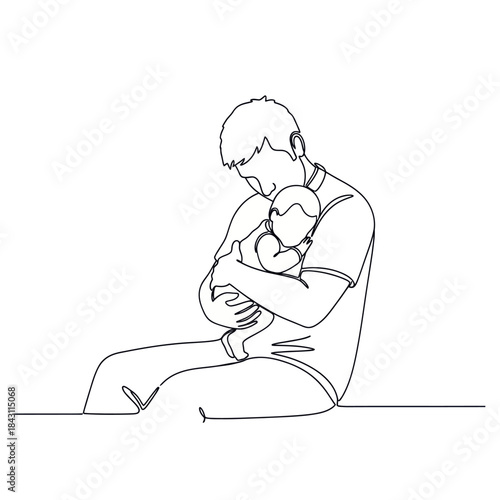 Continuous line drawing of a father holding his newborn baby with love and care.