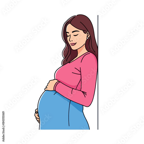 Pregnant Woman Holding Her Belly with Closed Eyes.