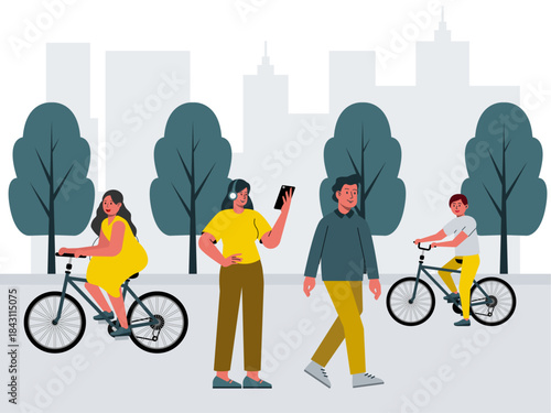 People enjoying outdoor activities in a city park setting. Modern urban life vector illustration. Flat illustration concept.