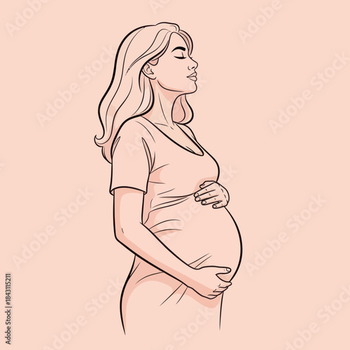 Beautiful pregnant woman holding her belly with eyes closed in a peaceful moment.