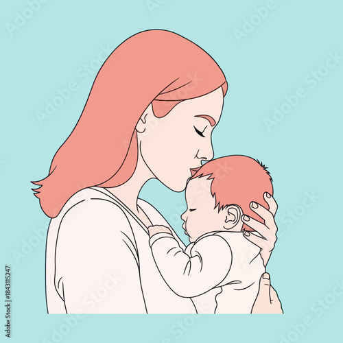 Mother gently kissing her sleeping baby on the forehead.