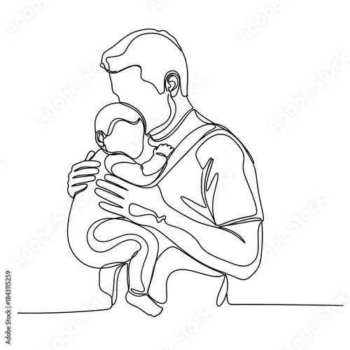 Continuous line drawing of a father holding his baby with love and care.
