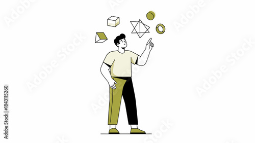 Illustration of a man interacting with geometric shapes, modern design and concept idea