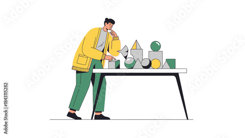 Man Pondering Geometric Shapes on Table Exploring Concept of Problem-Solving