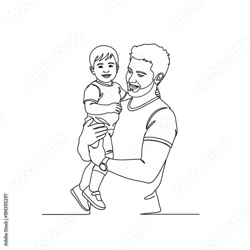 Father holding his happy baby son in a loving embrace, line art illustration.