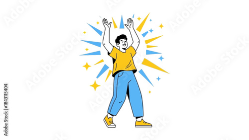 Joyful man celebrating success with raised arms and a radiant burst illustration