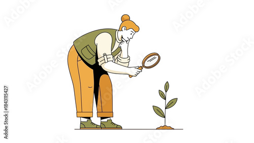 Illustration of a person examining a growing plant with a magnifying glass for analysis