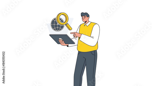 Man using tablet with magnifying glass and globe, a concept of global search