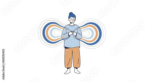 Illustration of a person meditating with energy waves representing inner peace and mindfulness