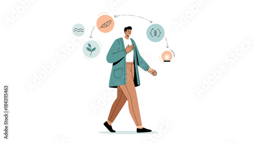 Illustration of a man interacting with symbolic elements representing different concepts