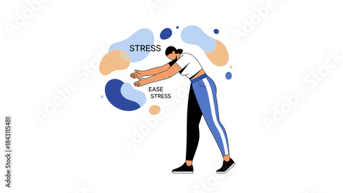 Illustration of a woman stretching to release and ease stress in a minimalist style