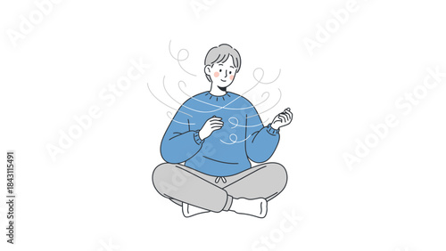 Illustration of a person meditating in lotus position with lines representing focus and calm