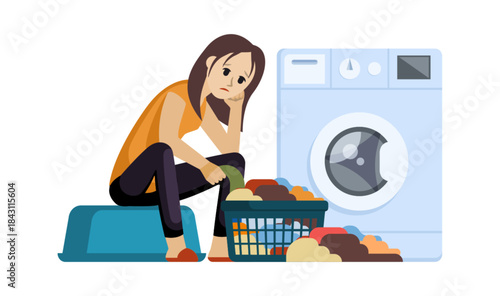 tired household girl. young tired girl washing dishes, having stress loaded with household duties. doing housework, sorting laundry. vector cartoon concept illustration.