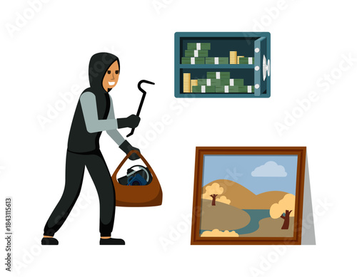 burglary character. thief criminal character doing robbery, cartoon concept illustration, stolen things. vector cartoon flat graphics.