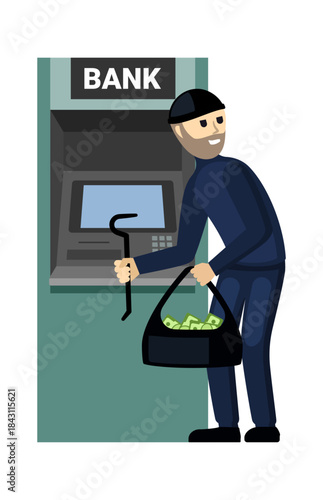 thief character. criminal person doing atm robbery, burglary cartoon concept illustration, stolen funds. vector cartoon illustration.