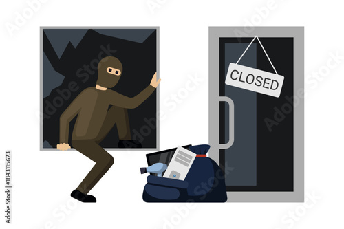 criminal character. thief criminal character doing robbery, burglary cartoon concept illustration, stolen things. vector cartoon illustration.
