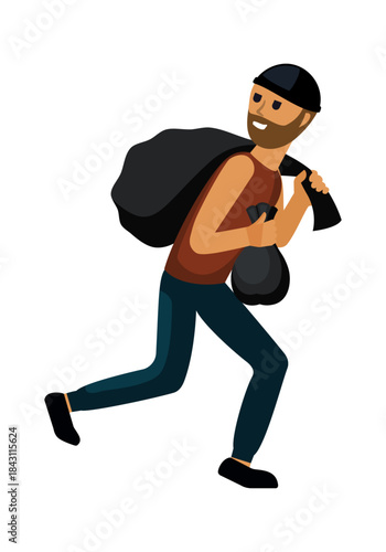 robber character. burglary cartoon concept illustration, thief criminal character doing robbery, stolen things. vector cartoon flat graphics.