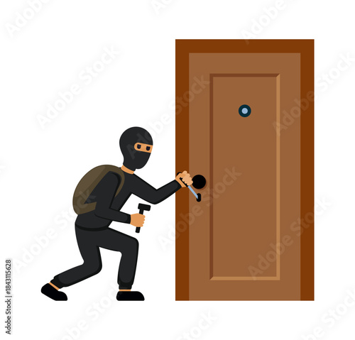 burglary character. cartoon concept illustration, thief criminal character doing robbery, stolen things. vector cartoon flat graphics.
