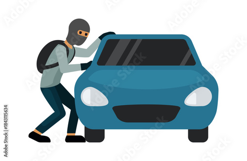 car burglary. robber cartoon concept illustration, thief criminal character doing crime, stolen things. vector cartoon flat graphics.