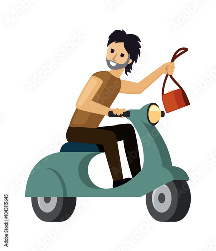 robber character. criminal character doing violent robbery, stolen things, cartoon burglary thief. vector cartoon flat graphics.