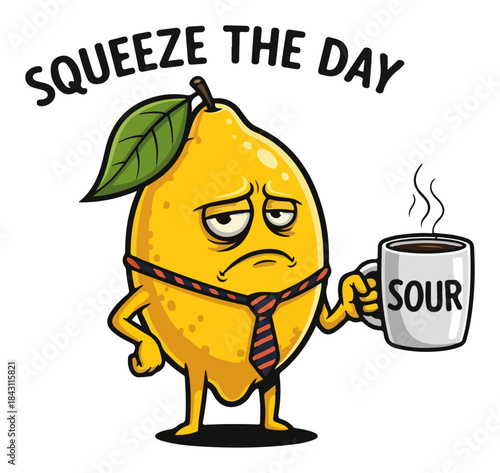 Squeeze the Day Lemon with Coffee – Sour Office Pun Mascot Vector