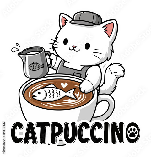 Catpuccino Barista Cat Making Latte Art – Cute Cafe Mascot Vector