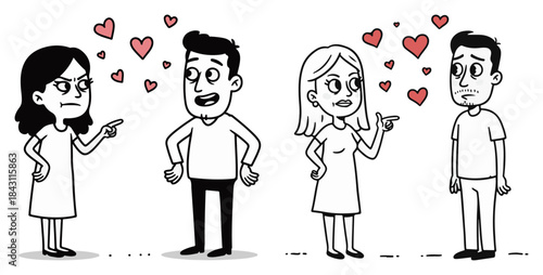 Distracted Boyfriend Meme Cartoon Sketch. Funny Relationship Comic Strip Vector Illustration.