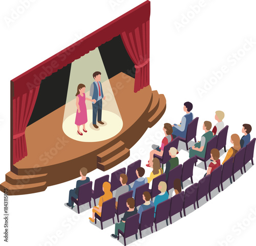 Isometric theater performance illustration, stage show with audience seating, live drama actors, cultural entertainment concept, modern flat design artwork
