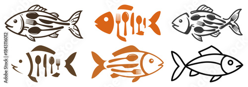 Fish Logo Set for Seafood Restaurant. Creative culinary icons with cutlery and fish skeleton.