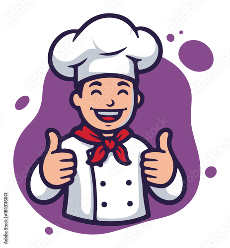 Happy chef character mascot with thumbs up. Cartoon vector logo for a restaurant or bakery.
