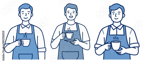 Barista Character Set. Male Cafe Worker in Apron Holding a Coffee Cup. Line Art Illustration.