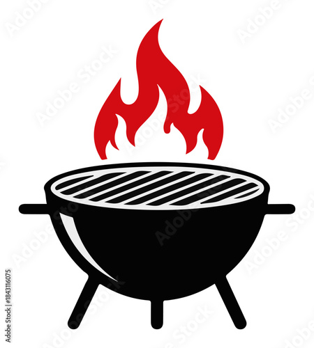 Barbecue Kettle Grill with Fire Flame Vector Icon for BBQ Party