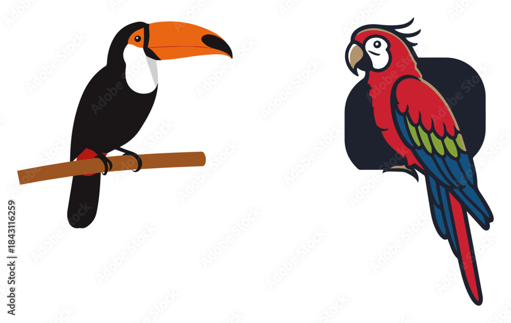 Fototapeta premium Set of exotic birds icons. Toucan and macaw parrot tropical animal vector illustrations.