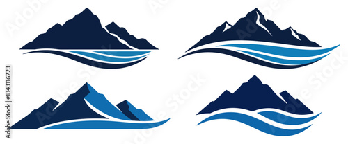 Mountain and Wave Logo Set. Abstract Vector Icon for Outdoor Adventure and Travel.