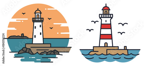 Lighthouse on the coast icon set. Simple nautical beacon vector illustration in flat and line art style.