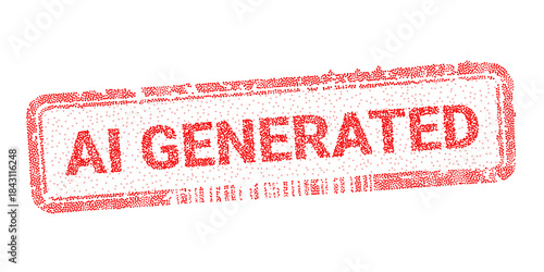 AI Generated digital stamp seal vector illustration with red dotted grunge texture. Artificial intelligence disclaimer label for digital content verification and authenticity marking isolated on white