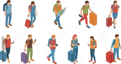 Isometric travel people illustration set, tourists with backpacks and luggage, navigation map usage, smartphone travel concept, modern flat character design