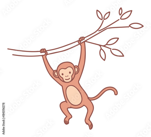 Cute monkey hanging from a branch. Simple line art vector of a primate for kids coloring book or logo design.