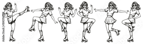 Hand-drawn set of six young women posing dynamically on roller skates, wearing vintage 1970s disco-style shorts/skirts and sunglasses. Retro sketch style for leisure/hobby.