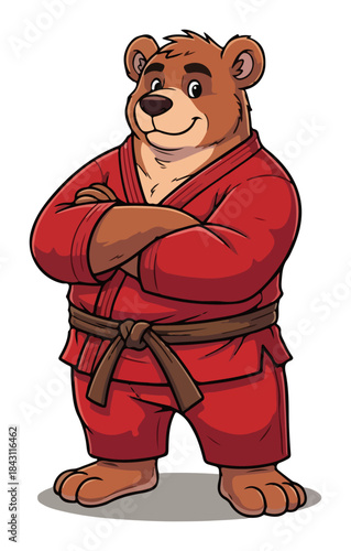 Cartoon Bear Sensei in Red Gi Martial Arts Character Mascot Vector Illustration