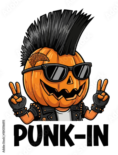 Funny punk rock pumpkin with a mohawk. Punk-in pun vector illustration for Halloween T-shirt design.