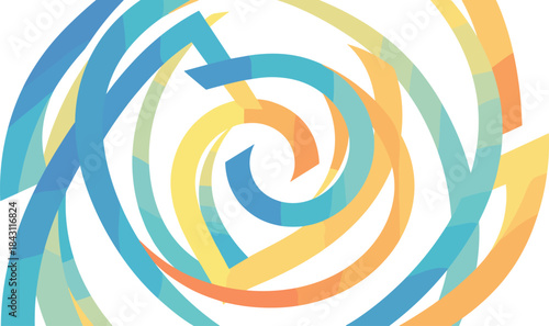 Colorful Abstract Spiral Pattern, Curved Segments, Dynamic Swirl, Modern Art, Geometric Design, Blue, Yellow, Orange, Green, Vector