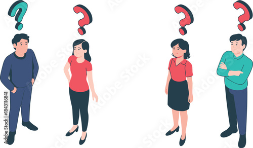 People with question marks above heads confused thinking decision making problem flat isometric vector illustration business uncertainty concept